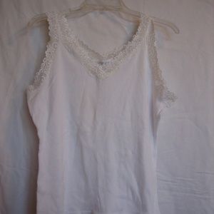 August Silk Options White V Neck Tank Top with Lace& Beads Sz XL 100%Cotton NWNT
